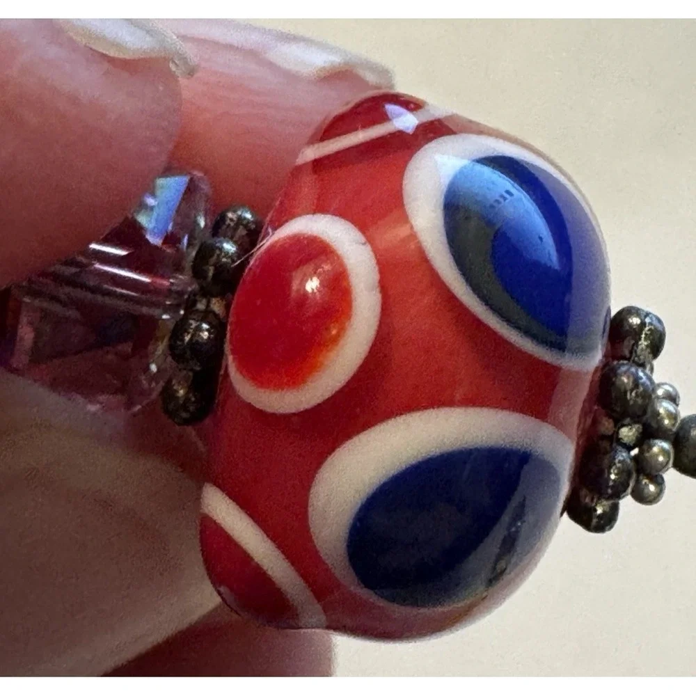 Lampwork Earrings Handmade Red White Blue Glass Bead Dangle Hooks Circle Dots
